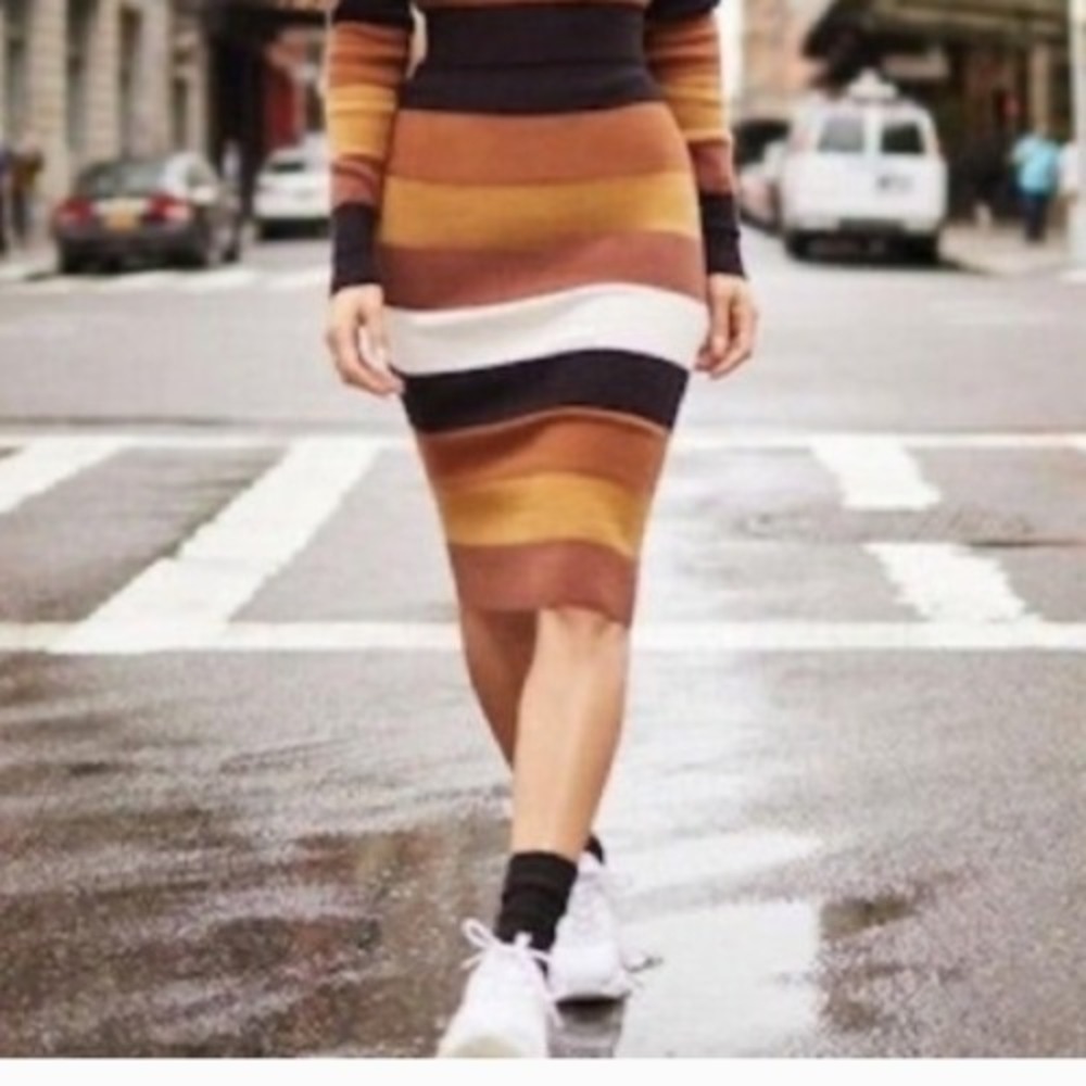 Express x Negin Mirsalehi Womens XS Striped Knit Bodycon Pencil Midi Skirt Brown